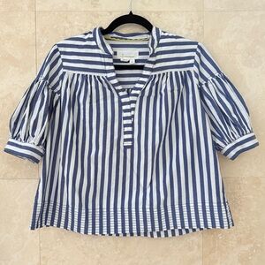 Anthropologie Blue White Stripe Cotton Peasant Top XSP Petite Boho Blouse